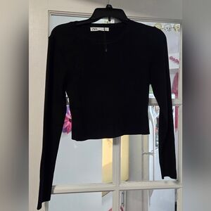 Zara Black Long Sleeve Crew Neck Cropped Womens Pullover Sweater Top Size Large